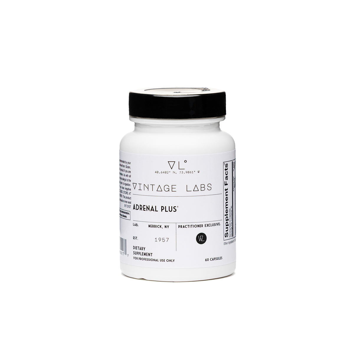 Supplement bottle labeled 'Adrenal Plus' by Vintage Labs on a white background