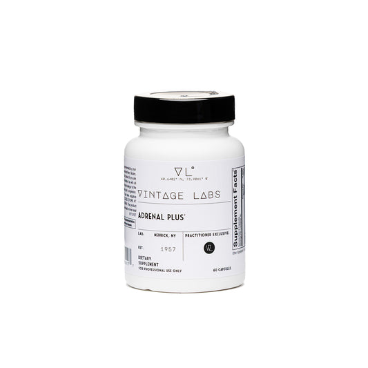 Supplement bottle labeled 'Adrenal Plus' by Vintage Labs on a white background