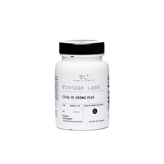 Supplement bottle labeled 'Vintage Labs COQ-10 300MG Plus' on a white background