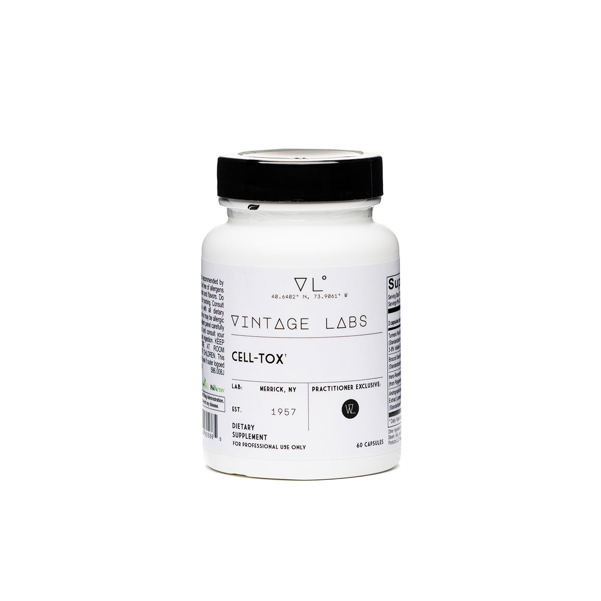 White supplement bottle labeled 'Vintage Labs Cell-Tox' on a white background