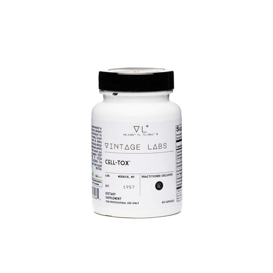 White supplement bottle labeled 'Vintage Labs Cell-Tox' on a white background
