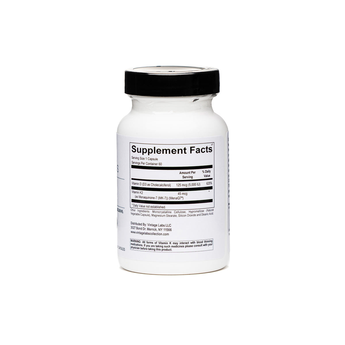 White supplement bottle with black label on a white background