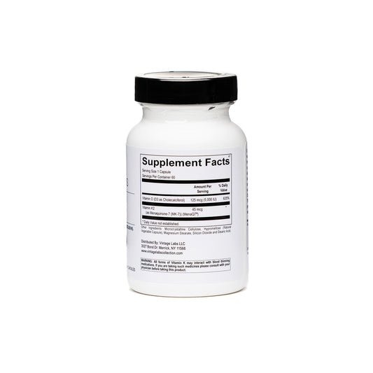 White supplement bottle with black label on a white background