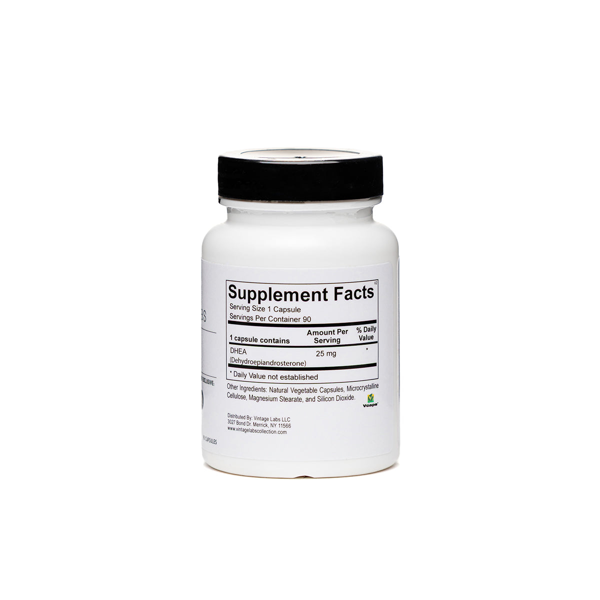 White supplement bottle with black cap on a white background