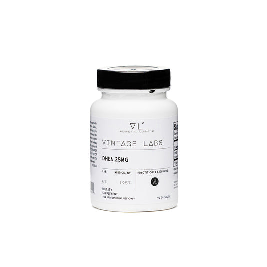 Supplement bottle labeled 'Vintage Labs DHEA 25MG' on a white background