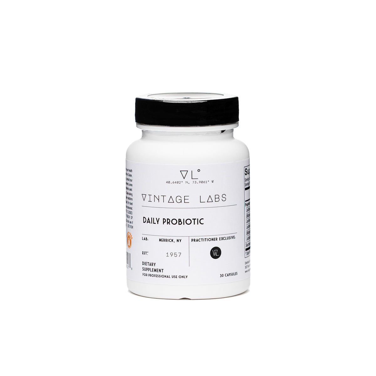 White supplement bottle with black cap labeled 'Vintage Labs Daily Probiotic' on a white background