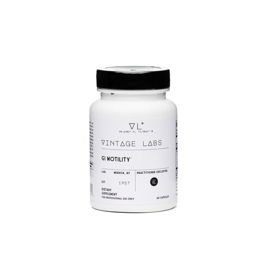 White supplement bottle with black lid on a white background