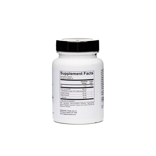 Supplement bottle with black cap and white label on a white background
