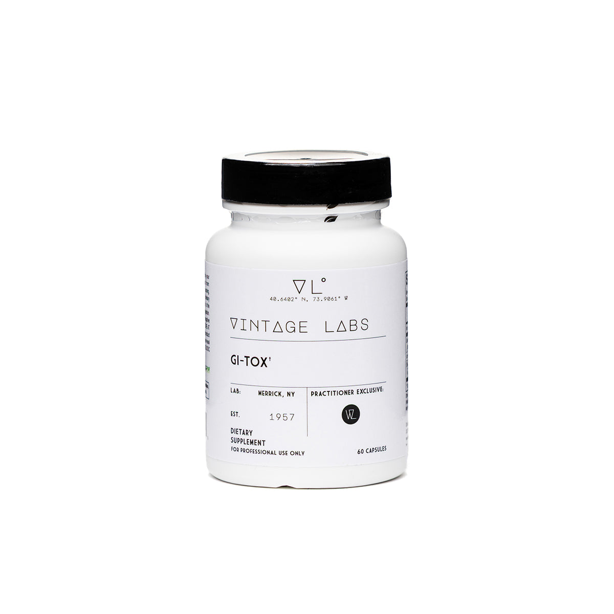 White supplement bottle with black cap labeled 'Vintage Labs' on a white background