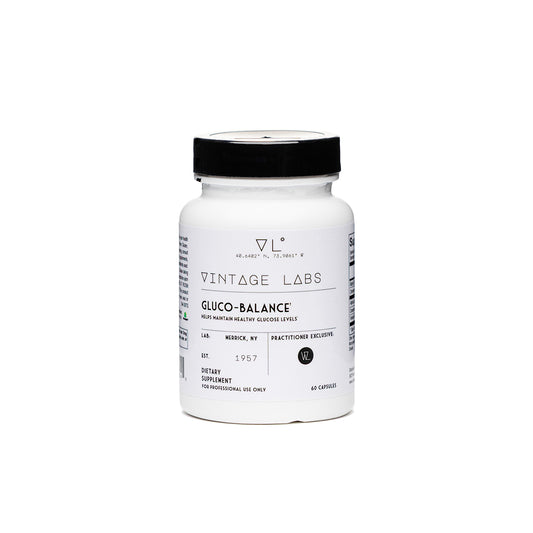 White supplement bottle labeled 'Vintage Labs Gluco-Balance' on a white background