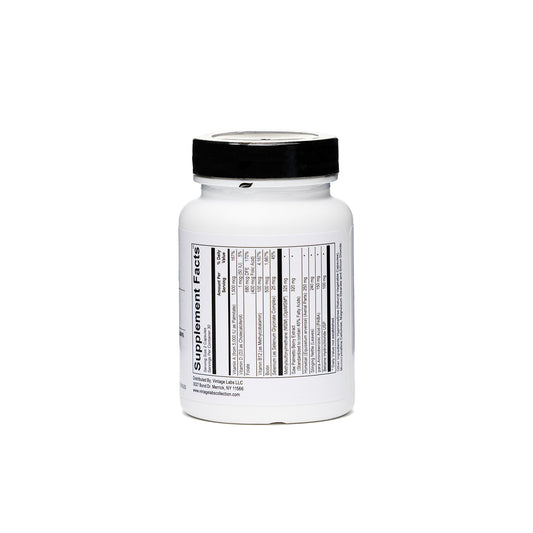 White supplement container with black lid on a white background