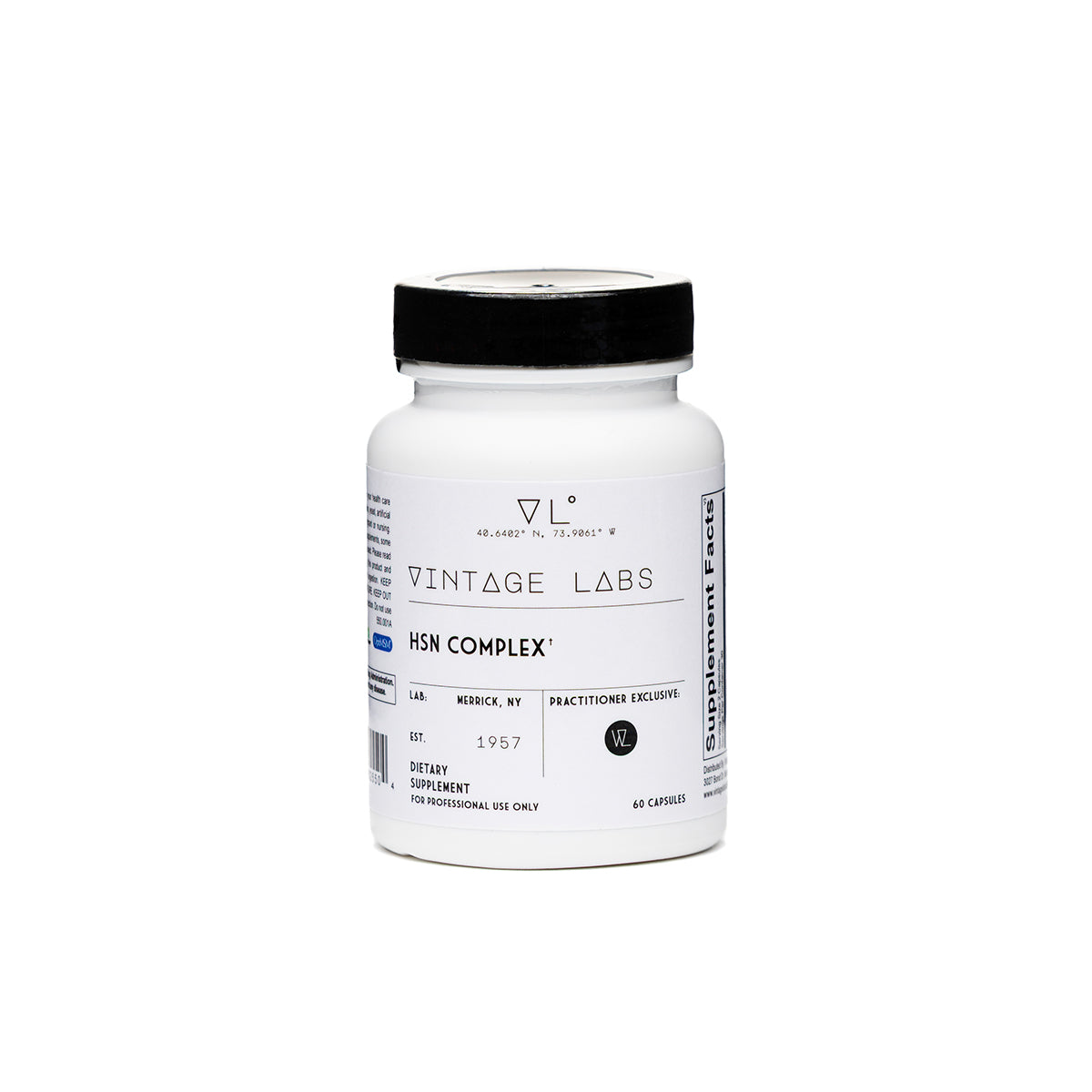White supplement bottle labeled 'Vintage Labs HSN Complex' on a white background