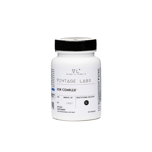 White supplement bottle labeled 'Vintage Labs HSN Complex' on a white background