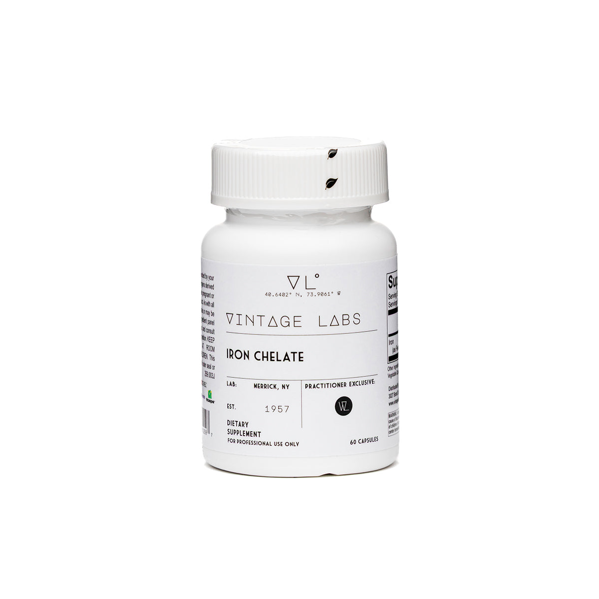 White supplement bottle labeled 'Vintage Labs Iron Chelate' on a white background