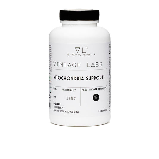 White supplement bottle labeled 'Vintage Labs Mitochondria Support' on a white background