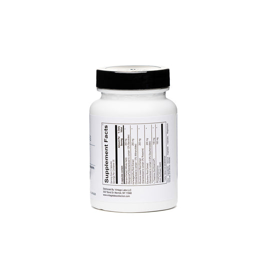 White supplement bottle with black cap on a white background