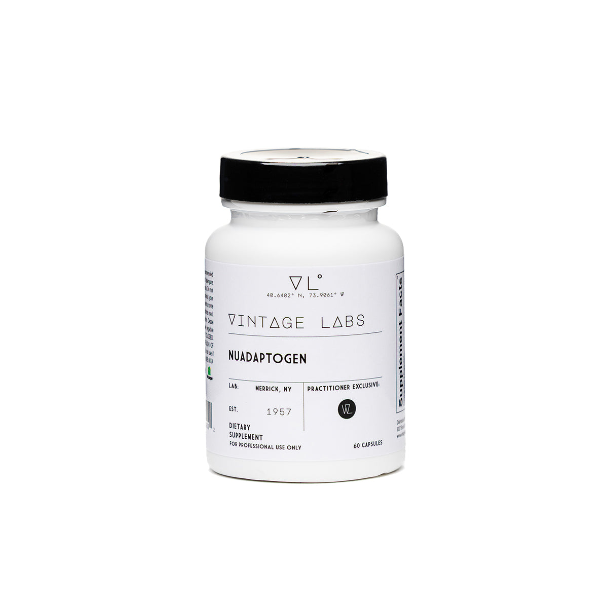 White supplement bottle with black cap labeled 'Vintage Labs' on a white background