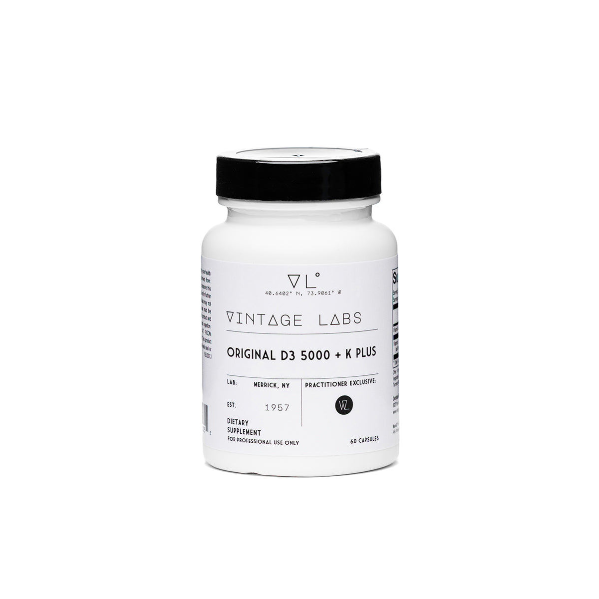 White supplement bottle with black cap labeled 'Vintage Labs' on a white background