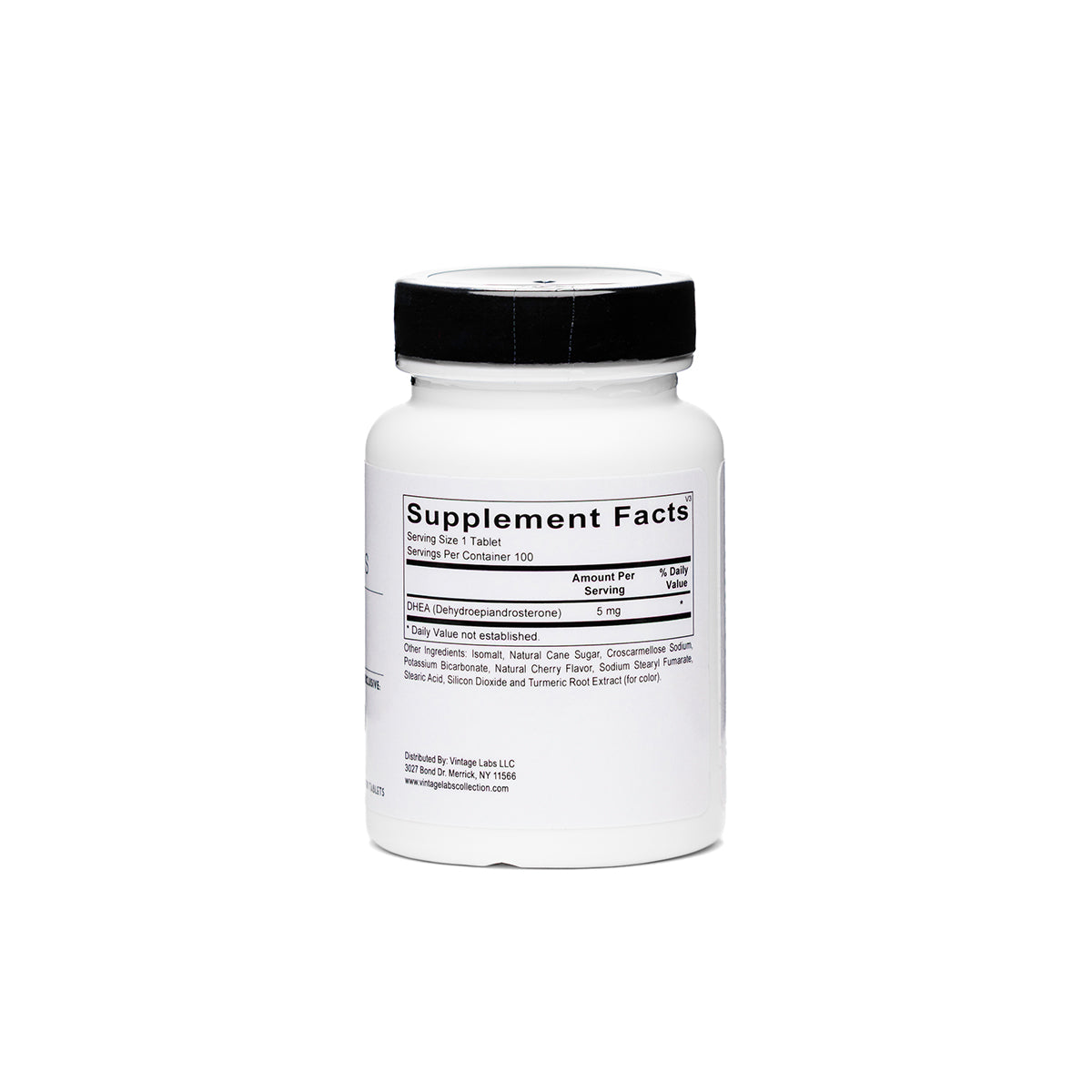 Supplement bottle with black cap and white label on a white background
