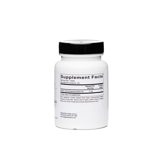 Supplement bottle with black cap and white label on a white background