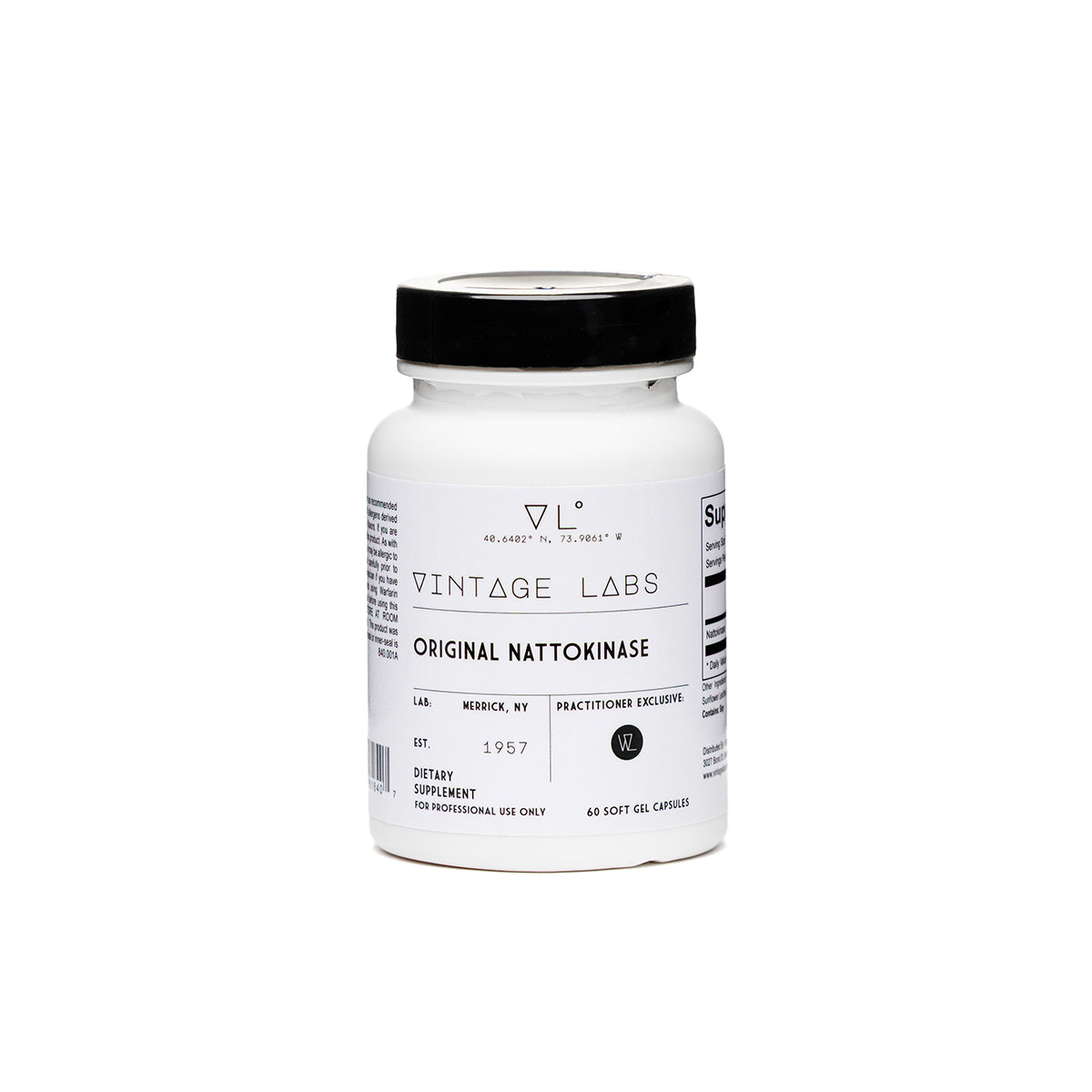 White supplement bottle labeled 'Vintage Labs' on a white background