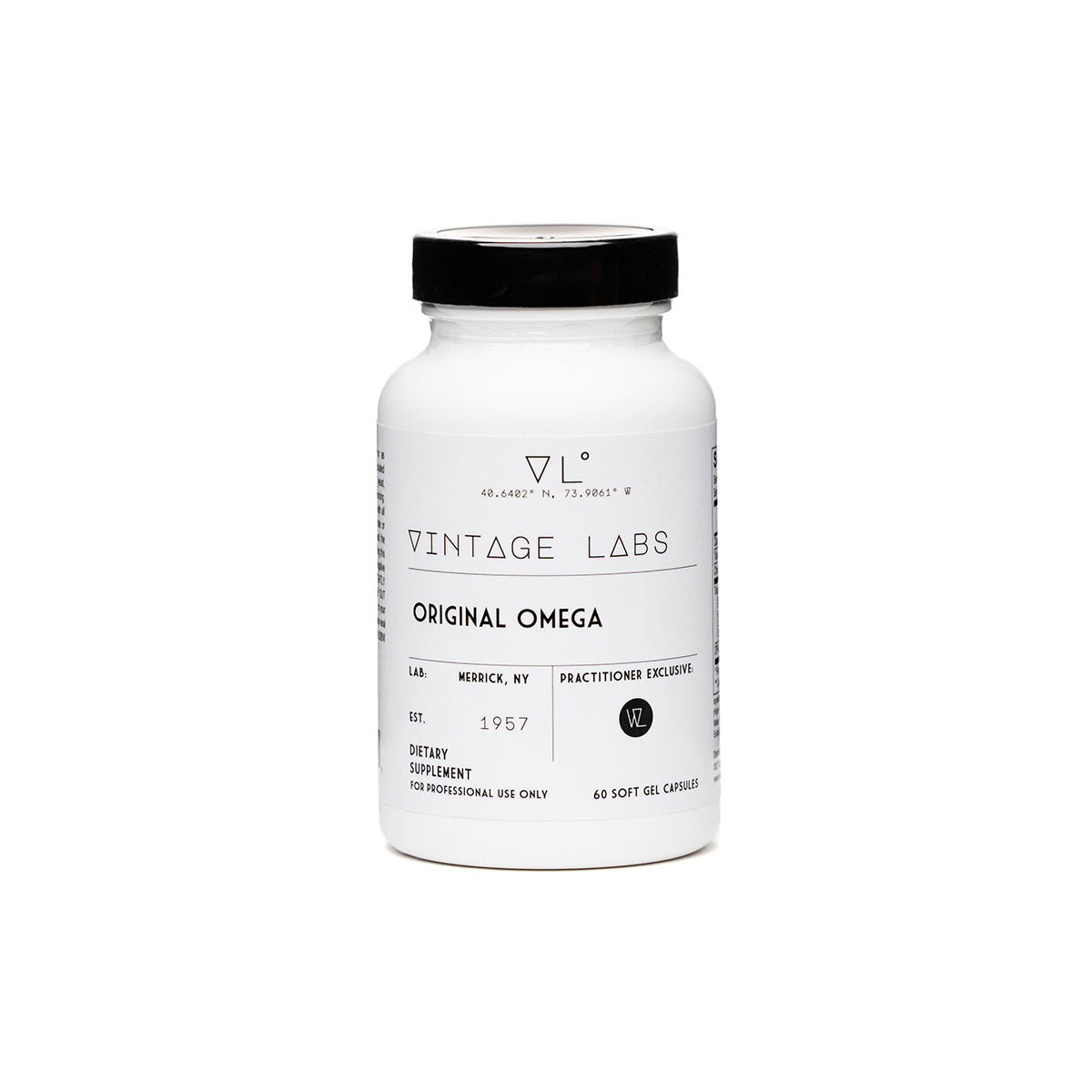 White supplement bottle with black cap labeled 'Vintage Labs' on a white background