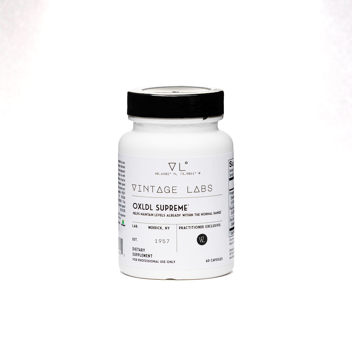 White supplement bottle with black cap labeled 'Vintage Labs' on a white background
