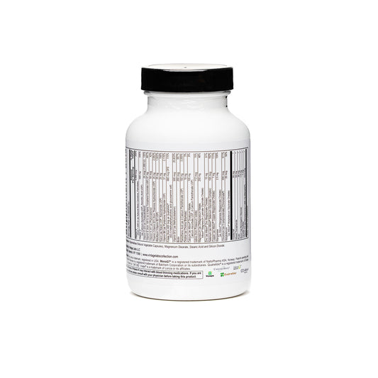 White supplement bottle with black cap on a white background