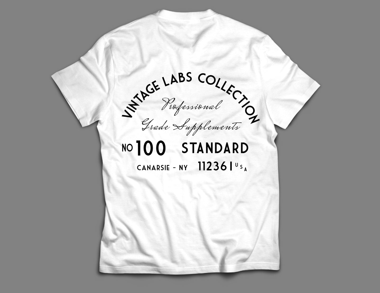 White t-shirt with black text on a gray background
