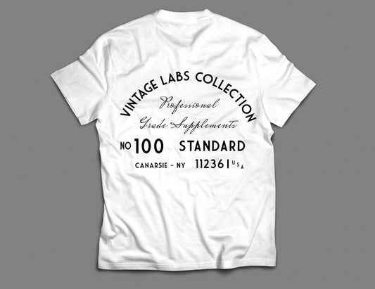 White t-shirt with black text on a gray background