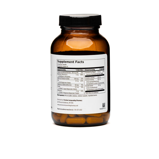 Brown supplement bottle with label on a white background