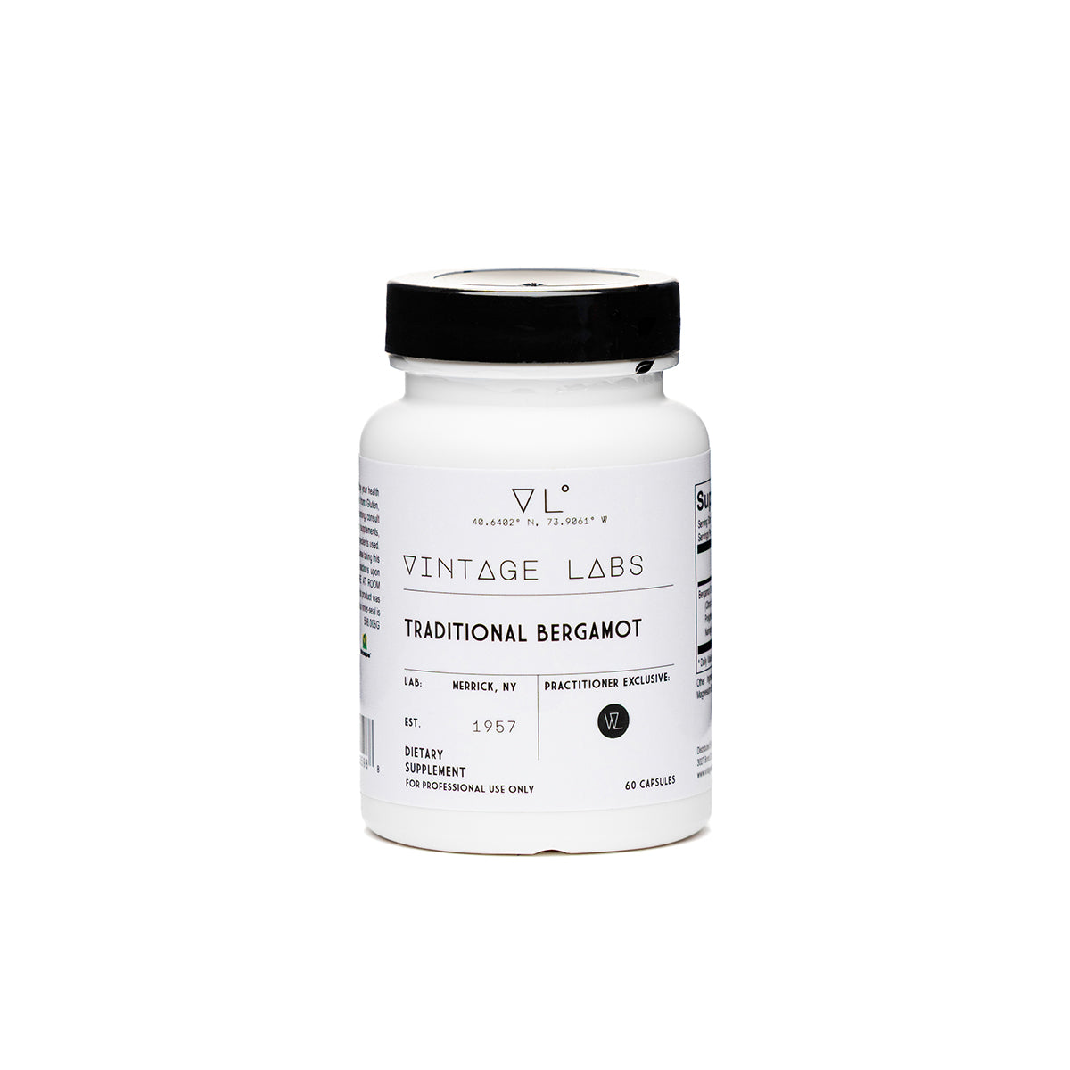 White supplement bottle with black cap labeled 'Vintage Labs' on a white background