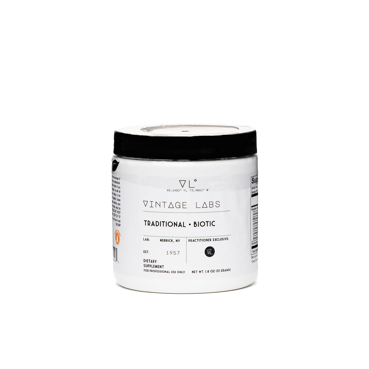 Jar with a black lid and white label on a white background