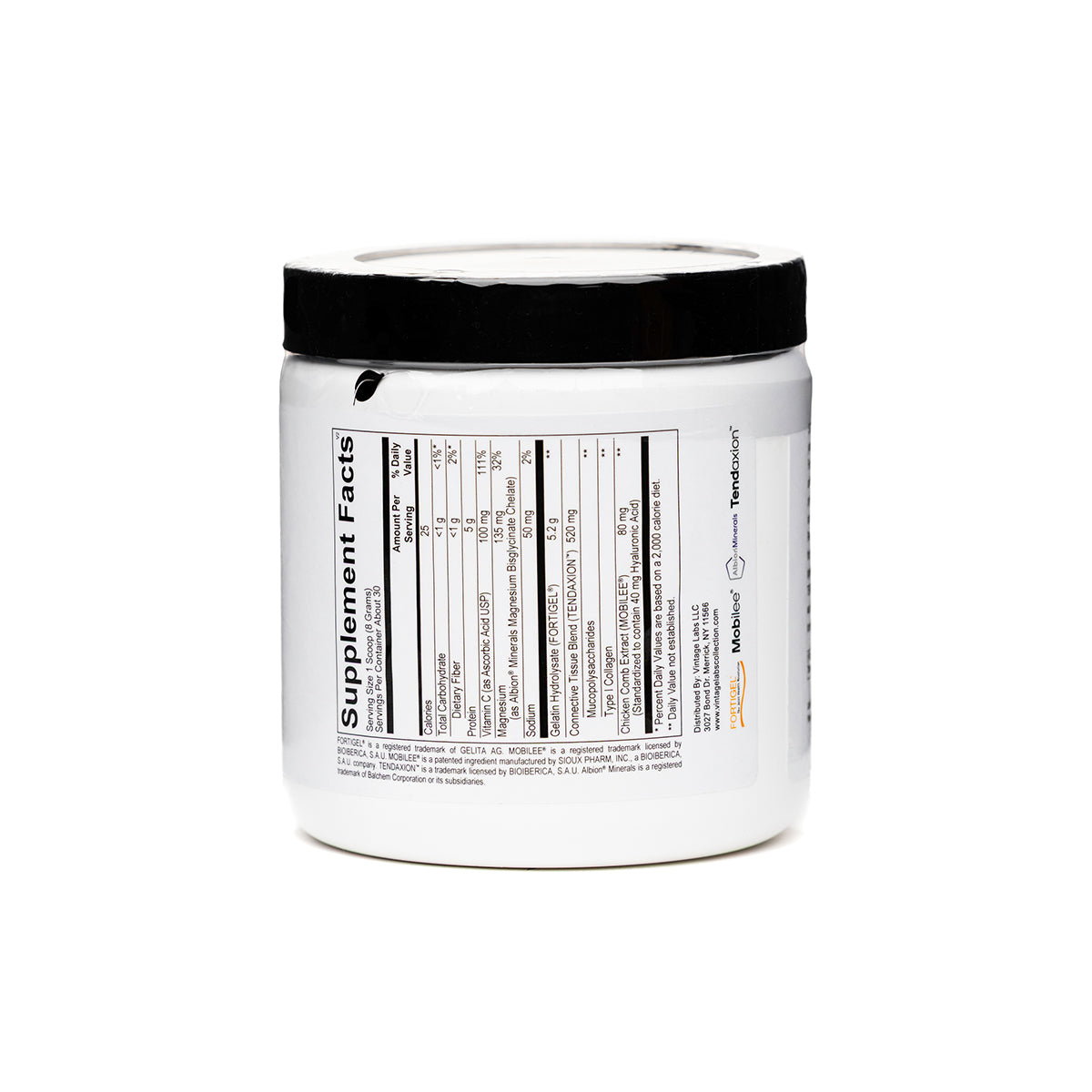White supplement container with black lid on a white background