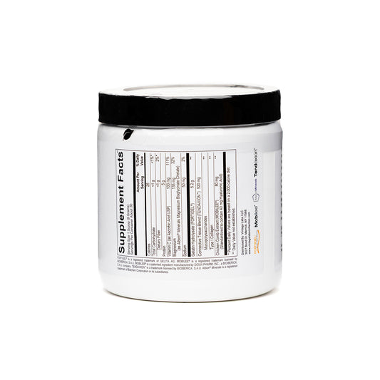 White supplement container with black lid on a white background