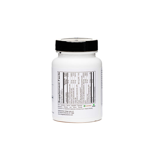 White supplement bottle with black cap on a white background