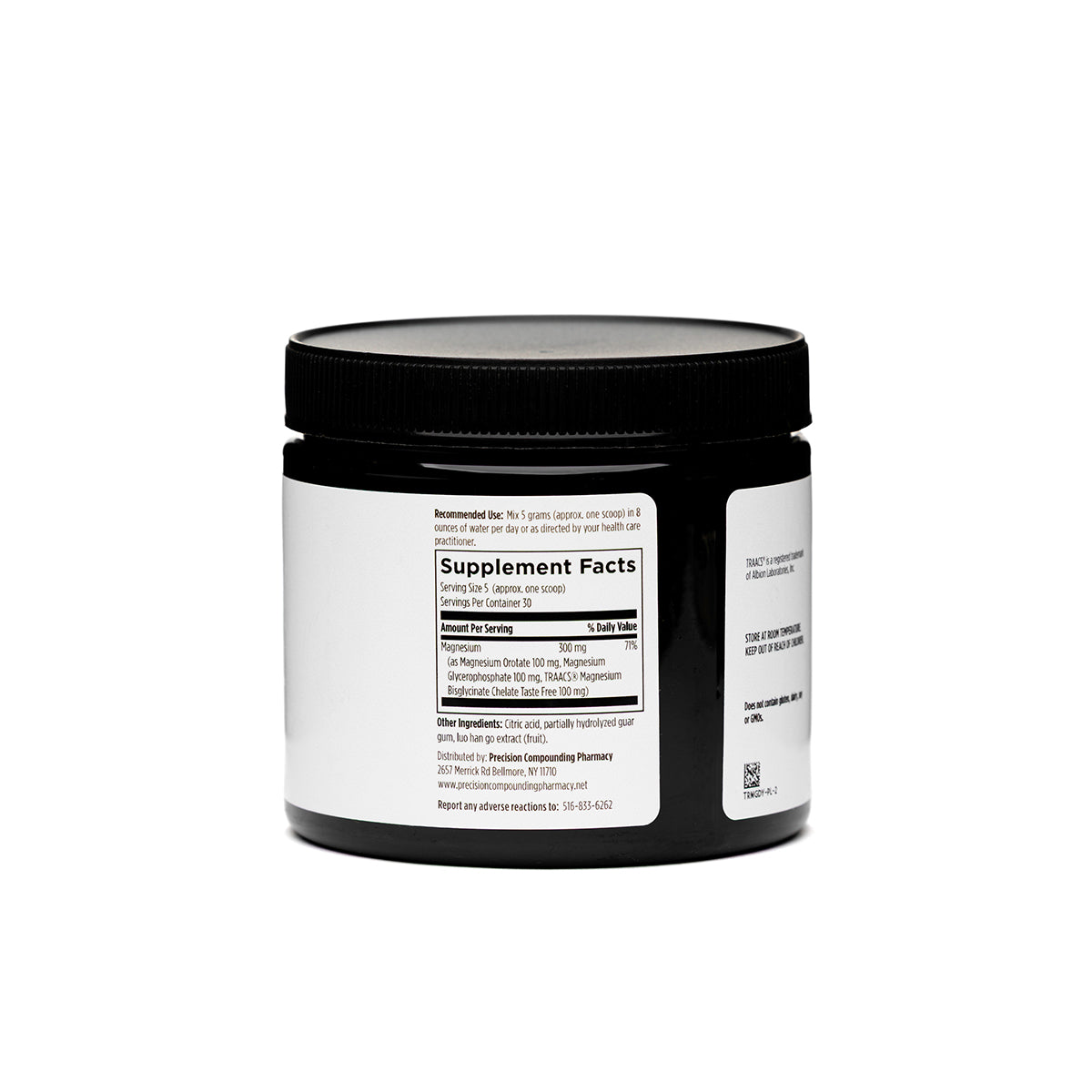 Black container with a white label displaying supplement facts on a white background