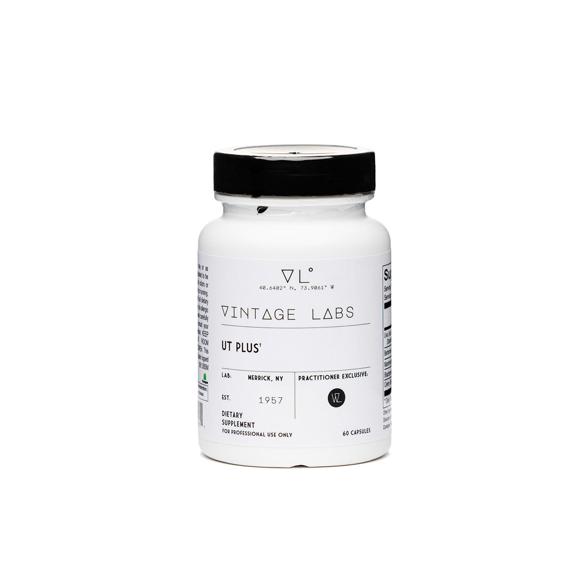 White supplement bottle with black cap labeled 'Vintage Labs' on a white background