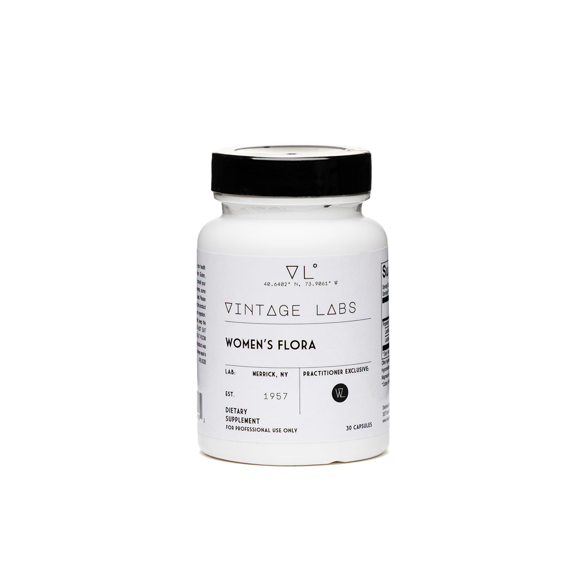 Supplement bottle labeled 'Vintage Labs Women's Flora' on a white background