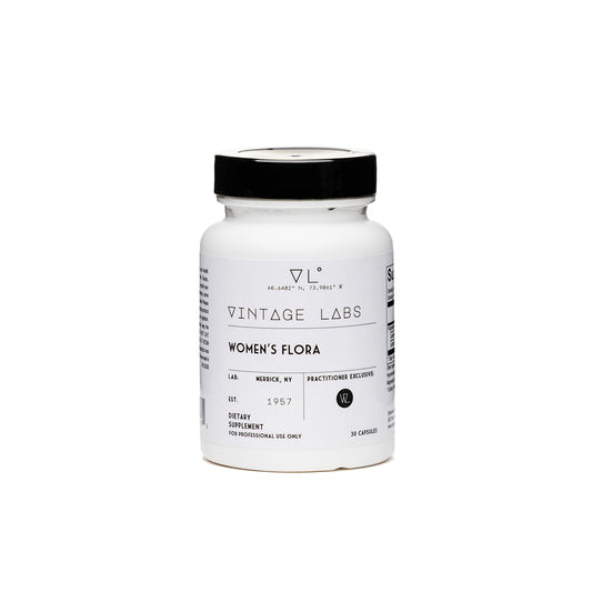 Supplement bottle labeled 'Vintage Labs Women's Flora' on a white background
