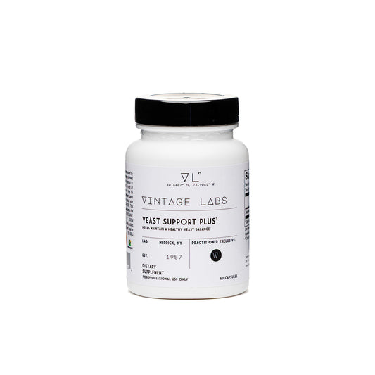 Vintage Labs Yeast Support Plus supplement bottle on a white background