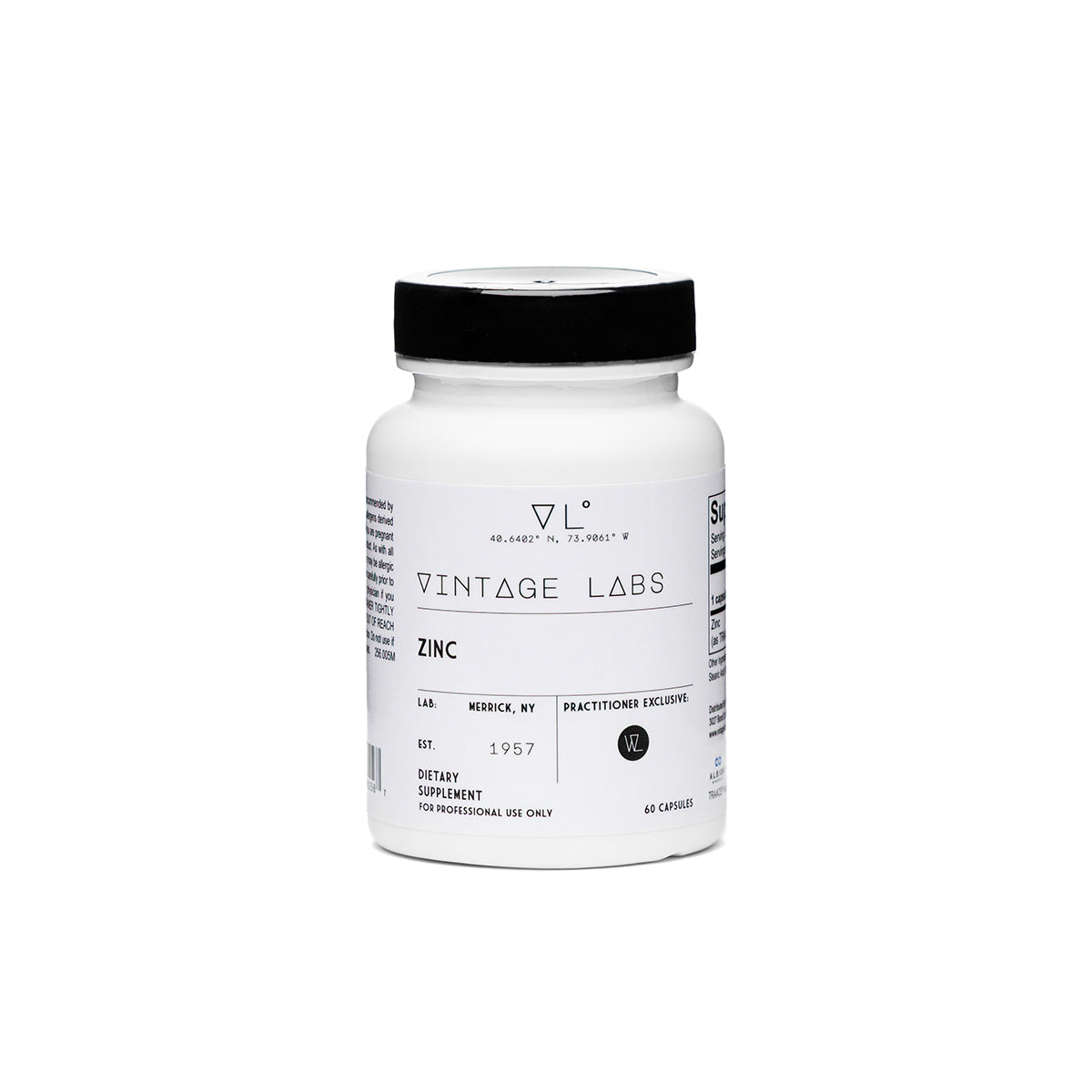 Supplement bottle labeled 'Vintage Labs Zinc' on a white background