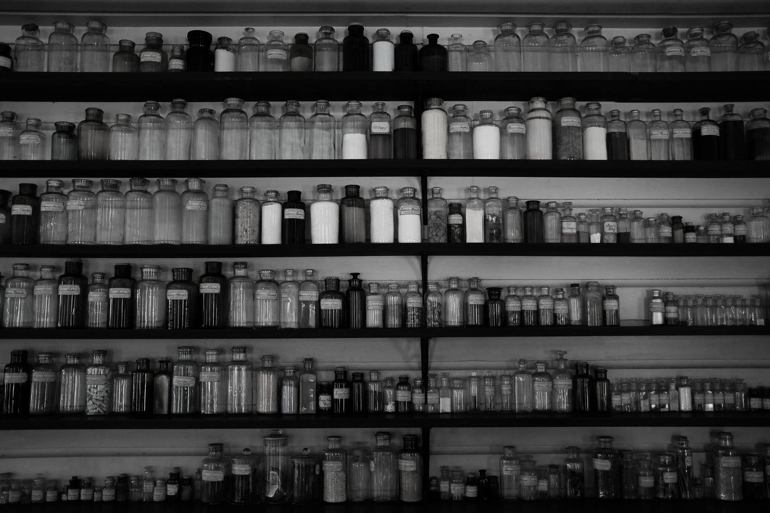 Shelves filled with various glass bottles in a black and white photo