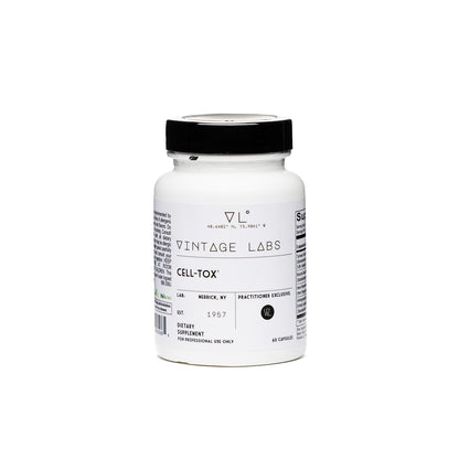 White supplement bottle labeled 'Vintage Labs Cell-Tox' on a white background