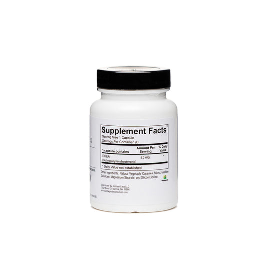 White supplement bottle with black cap on a white background