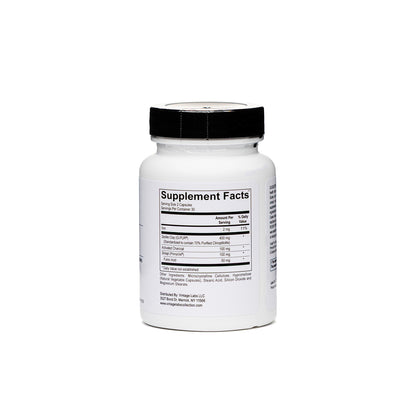 Supplement bottle with black cap and white label on a white background