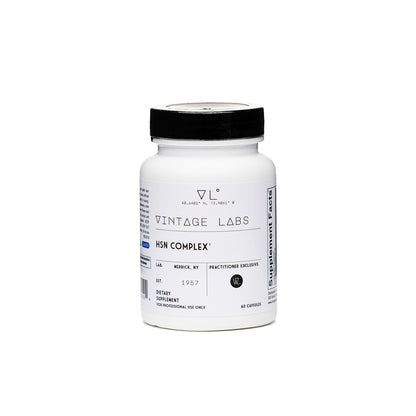 White supplement bottle labeled 'Vintage Labs HSN Complex' on a white background