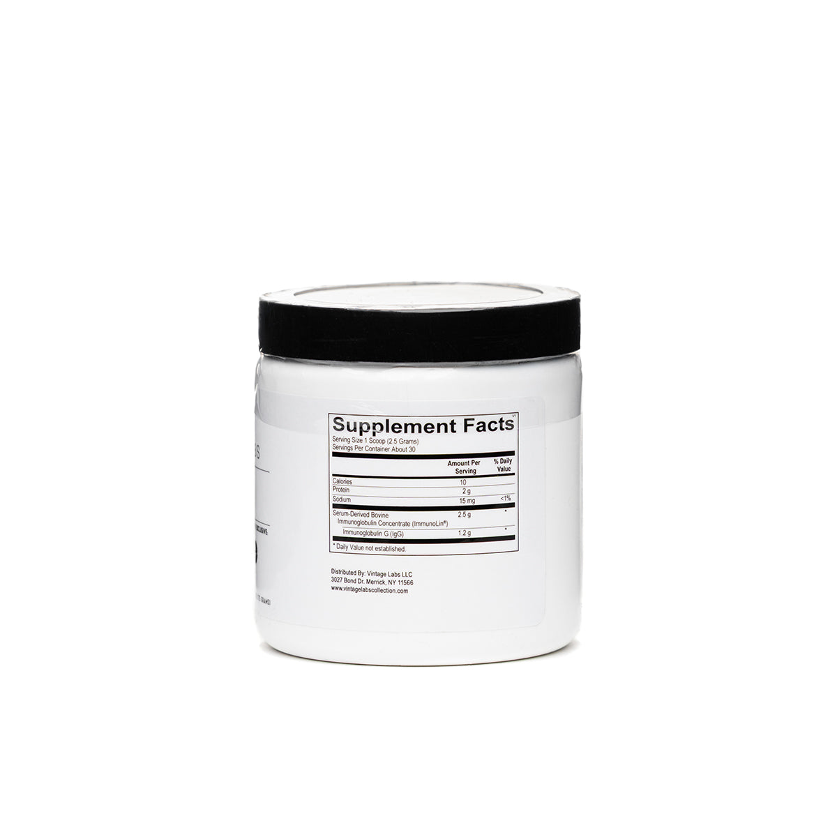 White supplement container with black lid on a white background