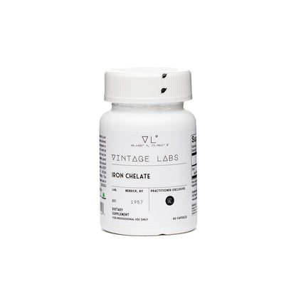 White supplement bottle labeled 'Vintage Labs Iron Chelate' on a white background