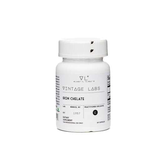 White supplement bottle labeled 'Vintage Labs Iron Chelate' on a white background
